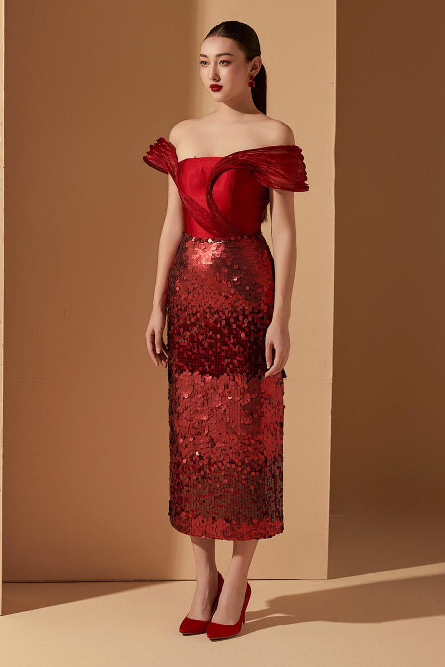 Lucia Sheath Off-Shoulder Sequin Midi Dress Midi Dress 21Six