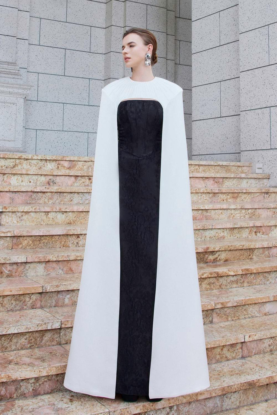Lucity Cape Round Neck Jacquard Floor Length Set Black and White Set I.H.F Atelier