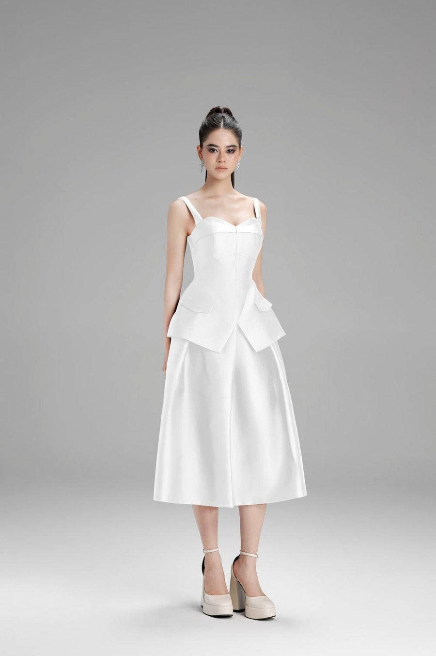 Lucy Peplum Semi-Heart Neck Taffeta Top White Sleeveless Top Cordia