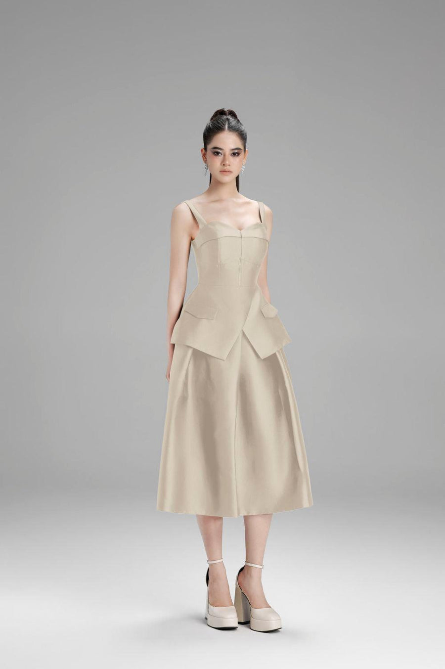 Lucy Peplum Semi-Heart Neck Taffeta Top Nude Sleeveless Top Cordia