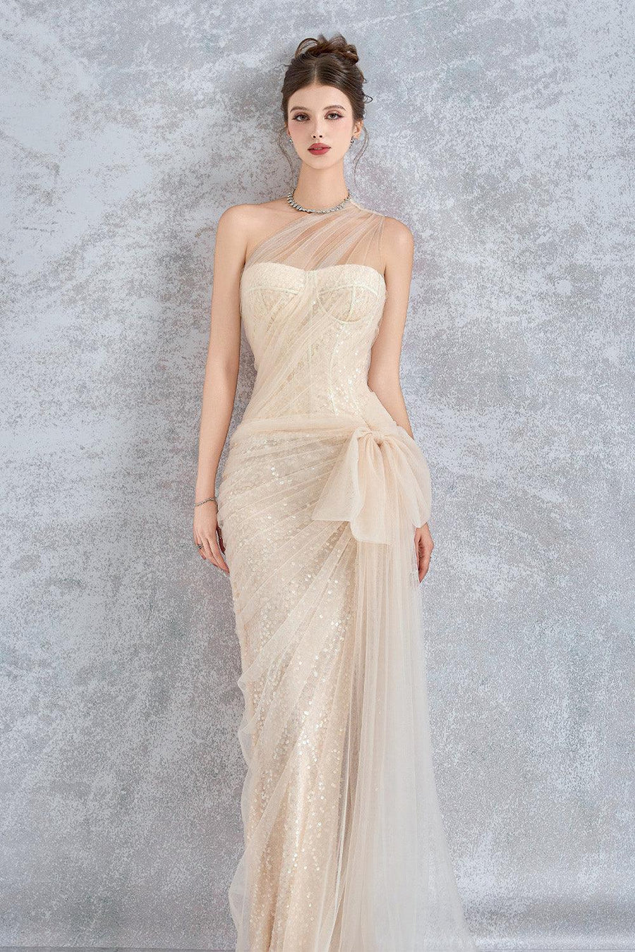 Luminelle Slit Extended Flap Mesh Lace Floor Length Dress Gown Dress Calista de Minh Thanh
