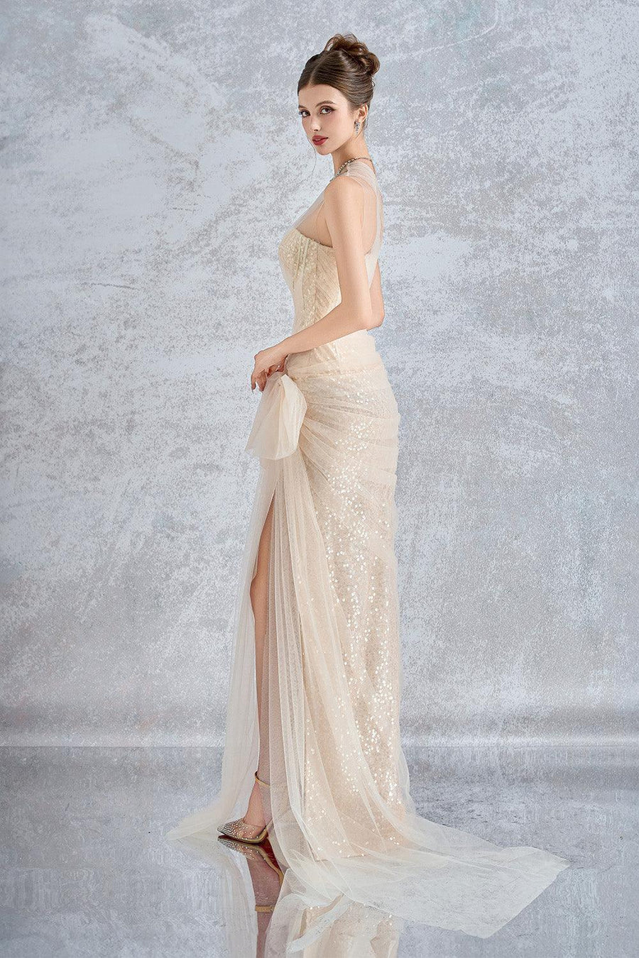 Luminelle Slit Extended Flap Mesh Lace Floor Length Dress Gown Dress Calista de Minh Thanh