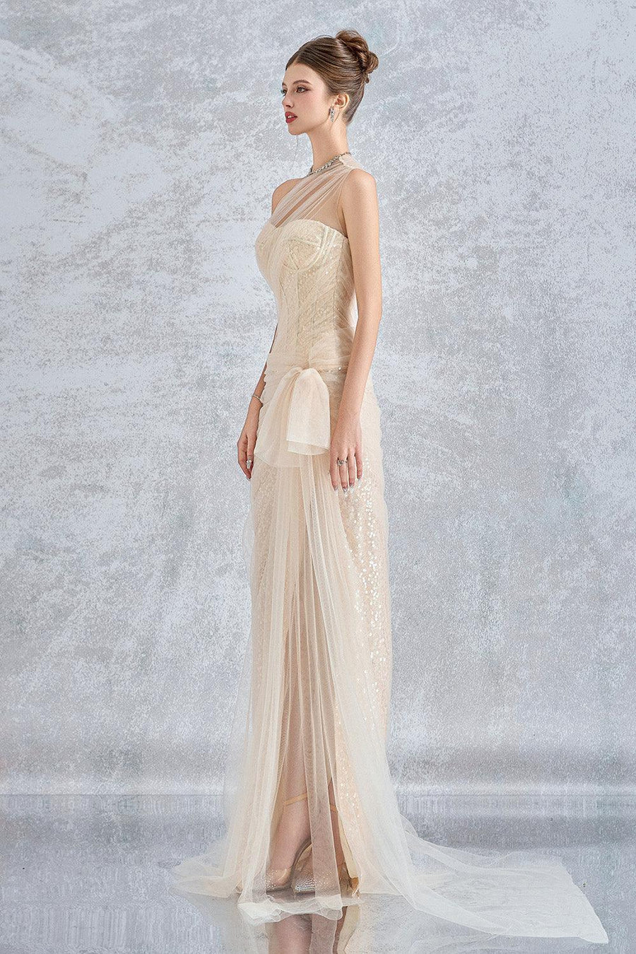 Luminelle Slit Extended Flap Mesh Lace Floor Length Dress Gown Dress Calista de Minh Thanh
