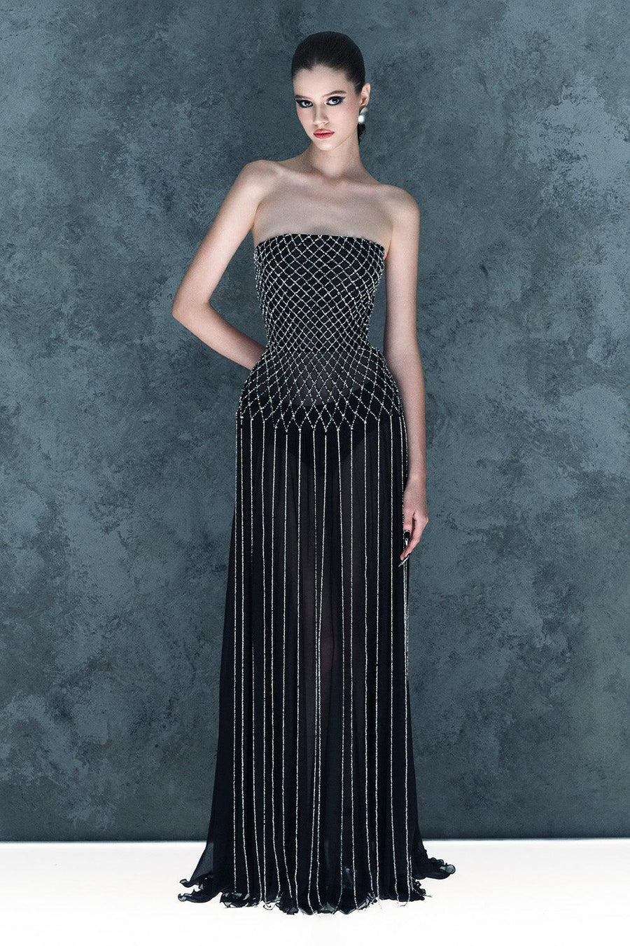 Lunairea Strapless Stone Chiffon Floor Length Dress Gown Dress CEM
