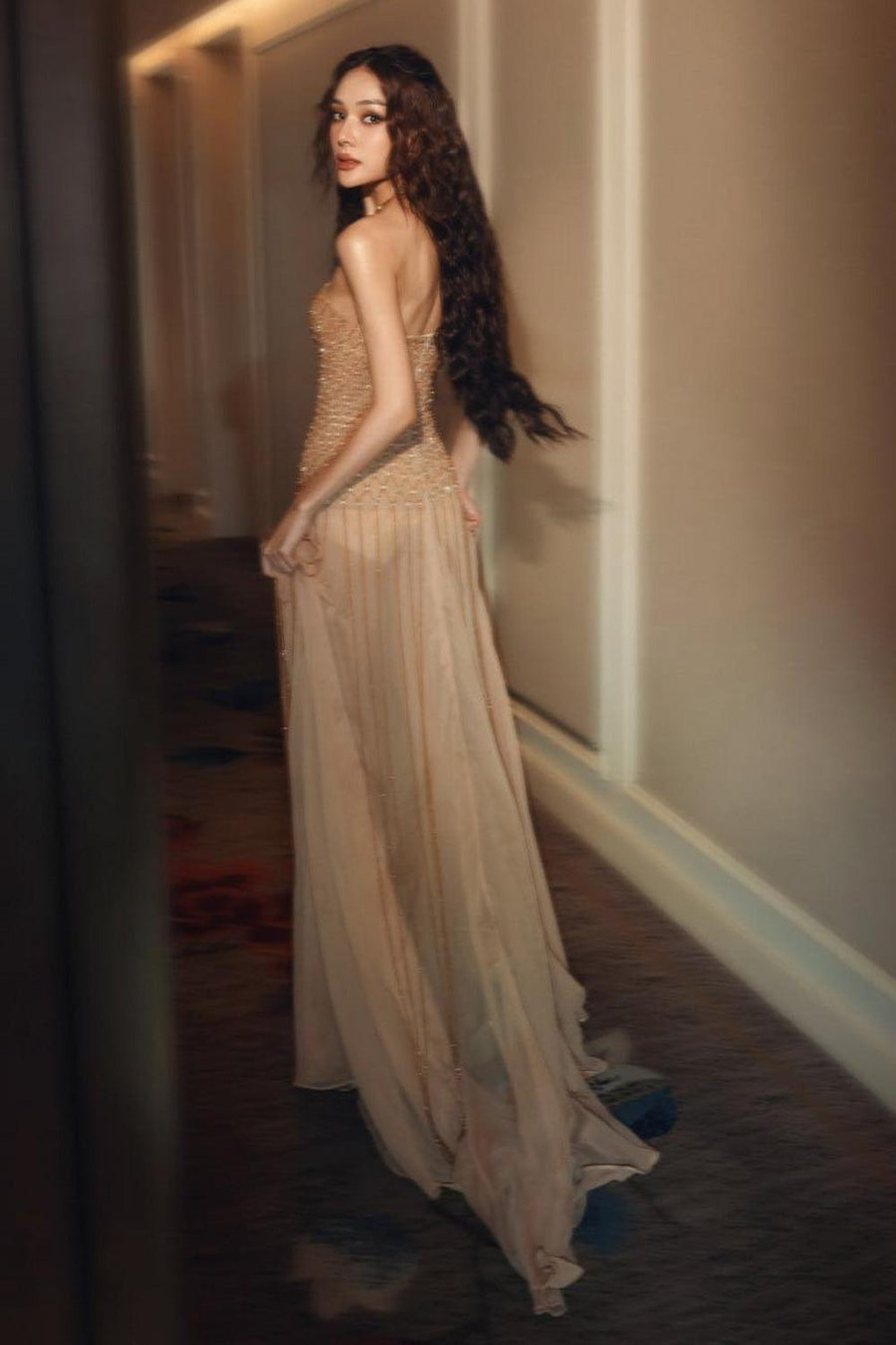 Lunairea Strapless Stone Chiffon Floor Length Dress Gown Dress CEM