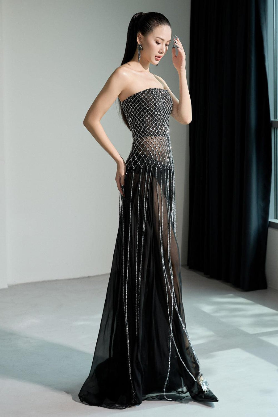 Lunairea Strapless Stone Chiffon Floor Length Dress Gown Dress CEM