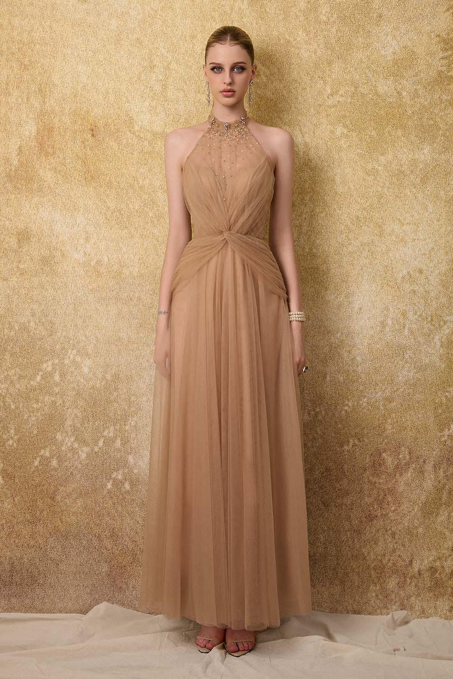 Luxueuse Flared Halter Neck Mesh Long Length Dress Gown Dress Calista de Minh Thanh