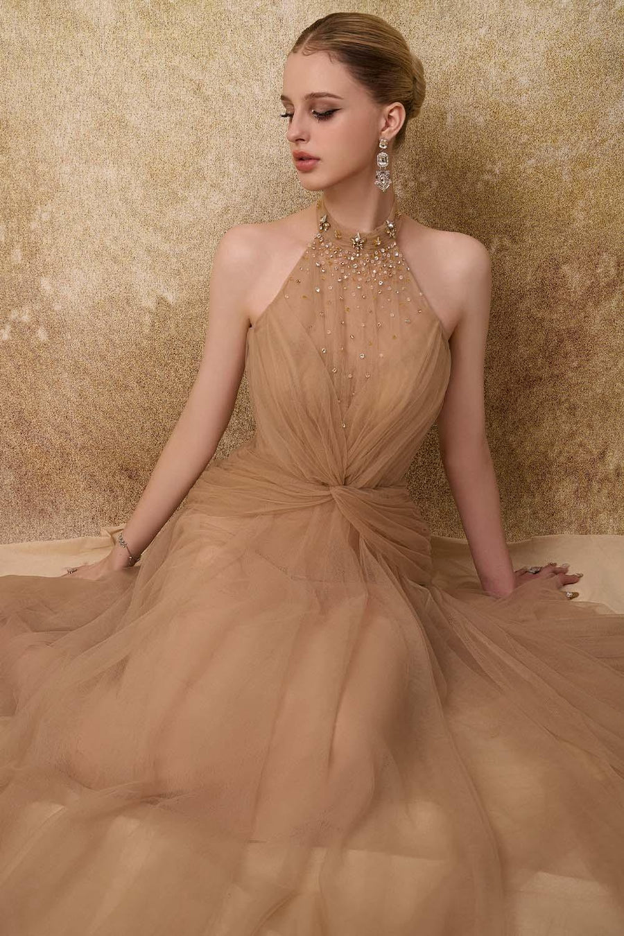Luxueuse Flared Halter Neck Mesh Long Length Dress Gown Dress Calista de Minh Thanh