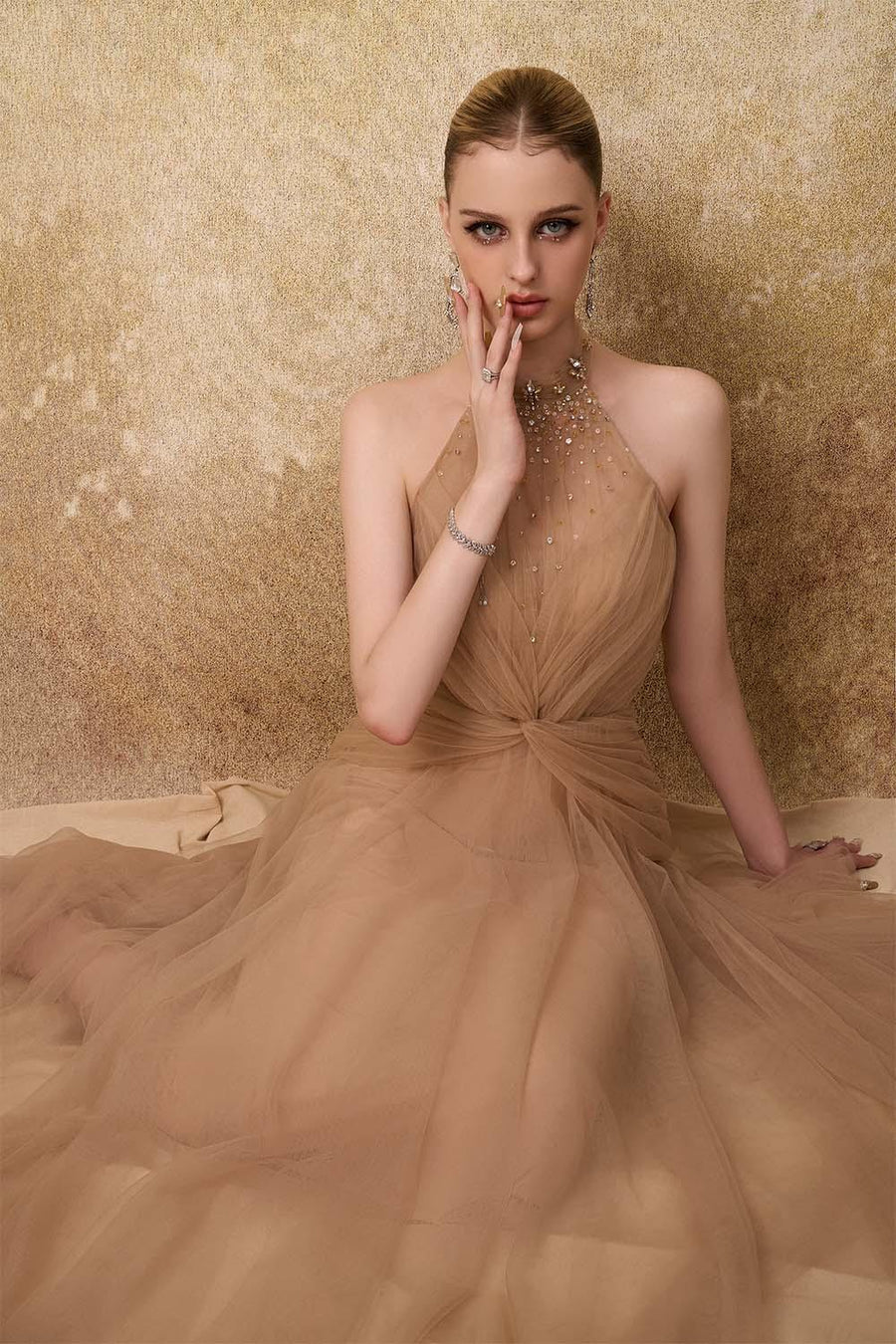 Luxueuse Flared Halter Neck Mesh Long Length Dress Gown Dress Calista de Minh Thanh