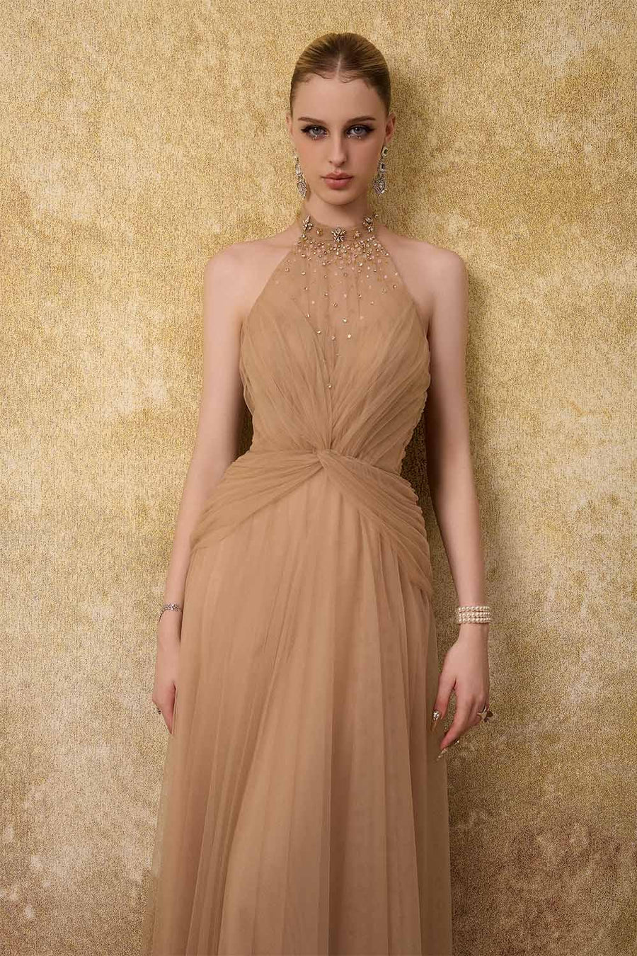 Luxueuse Flared Halter Neck Mesh Long Length Dress Gown Dress Calista de Minh Thanh