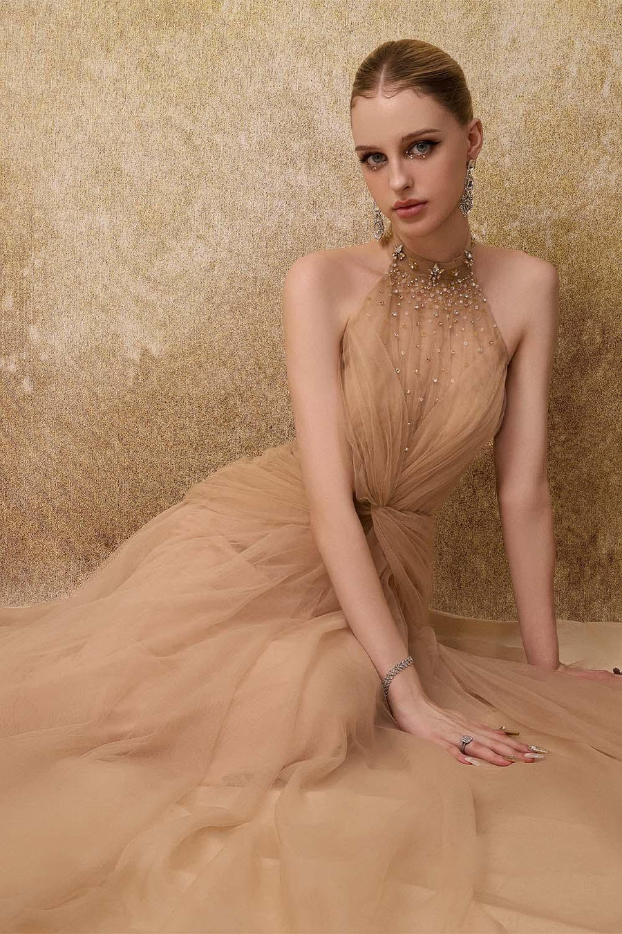 Luxueuse Flared Halter Neck Mesh Long Length Dress Gown Dress Calista de Minh Thanh