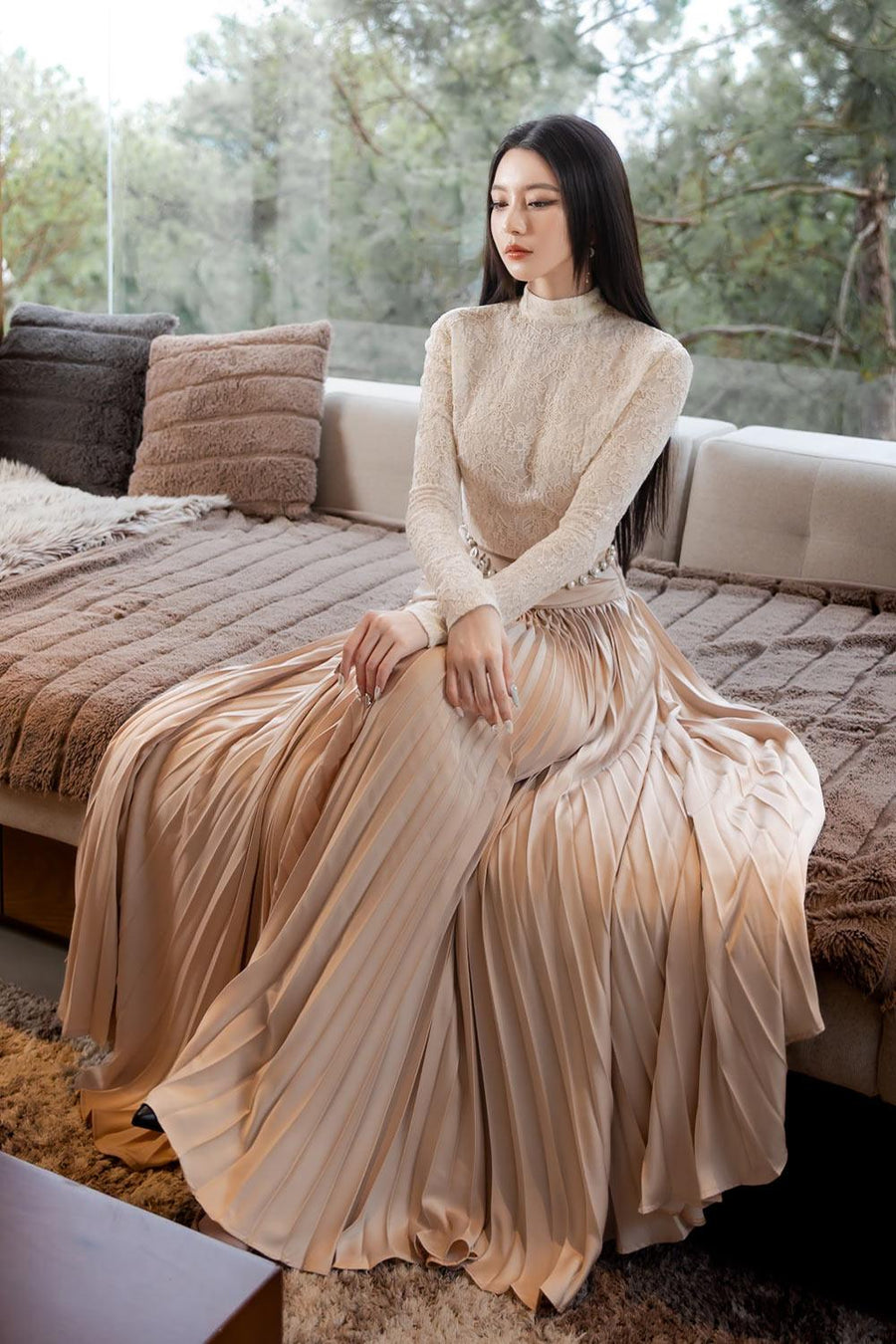 Lydia Flared Pleated Silk Ankle Length Skirt Nude Skirt Darling Diva