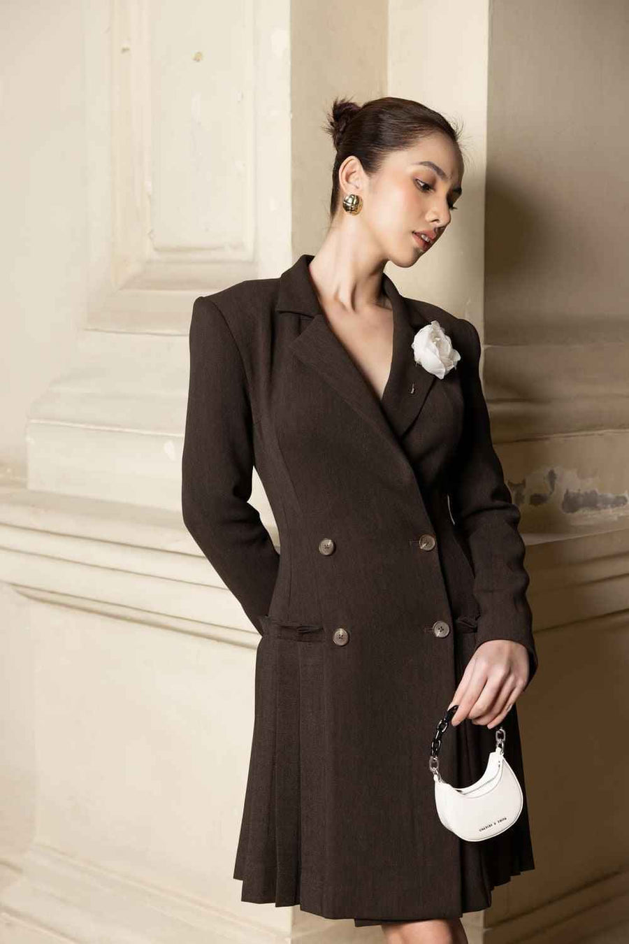 Lydia Pleated Notch Lapel Wool Knee-length Dress
