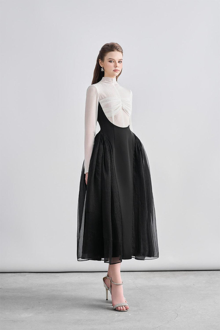 Lyric Fit and Flare Gathered Chanel Midi Dress Black and White Midi Dress Cordia