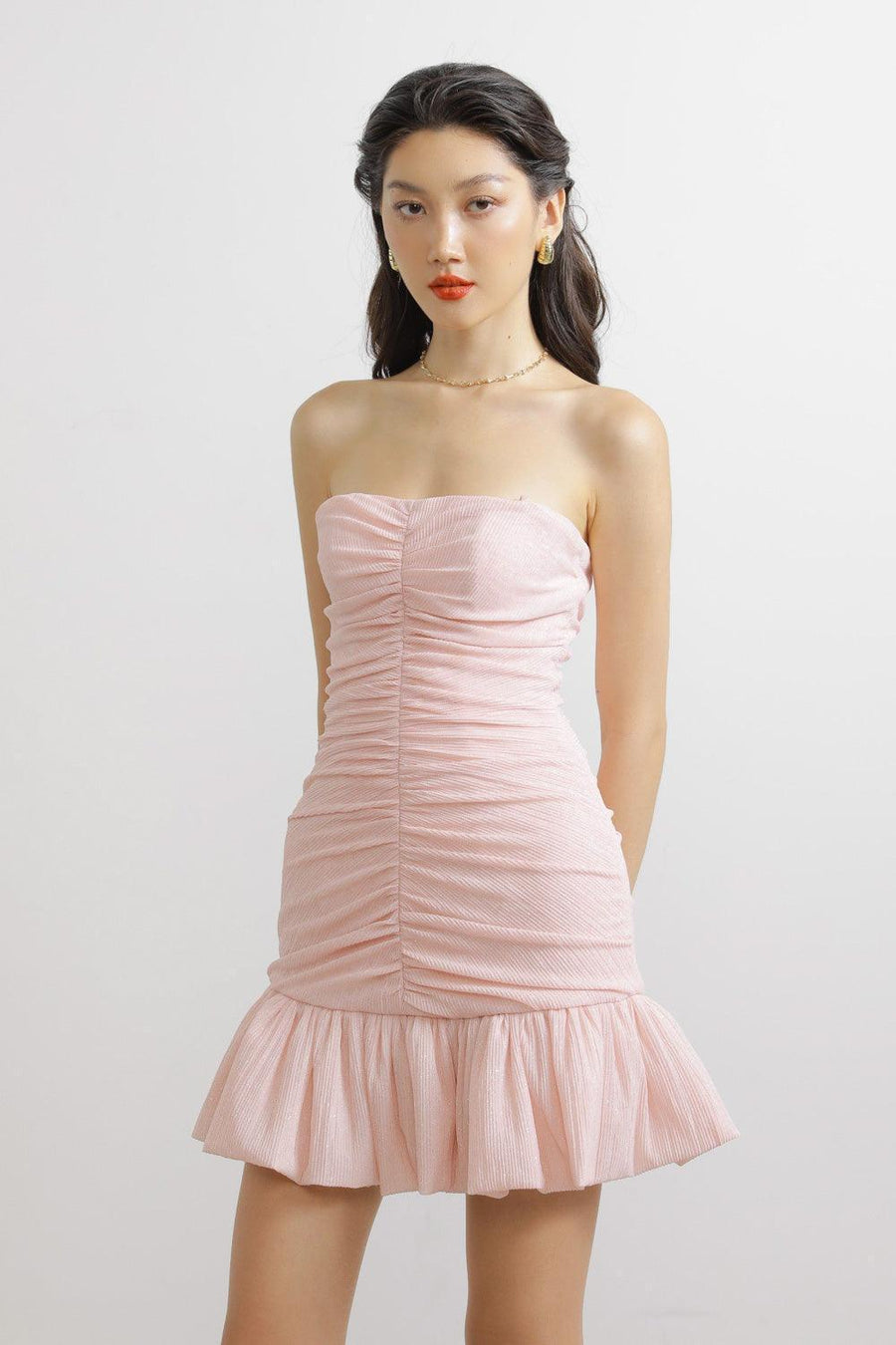 Macias Drop Waist Gathered Spandex Mini Dress Light Pink Mini Dress LASSY