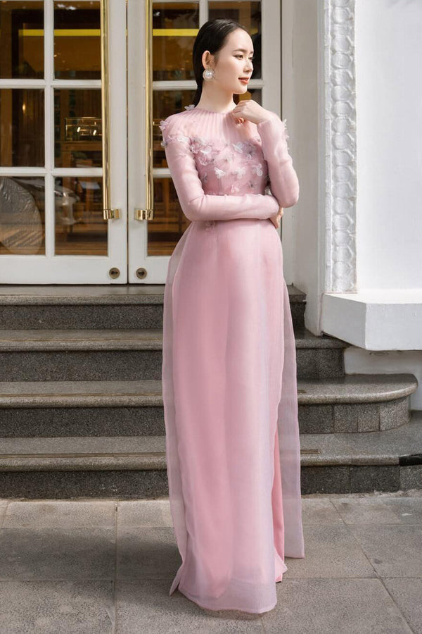 Mackenzie Fitted Flower Applique Organza Long Length Ao Dai Set 1
