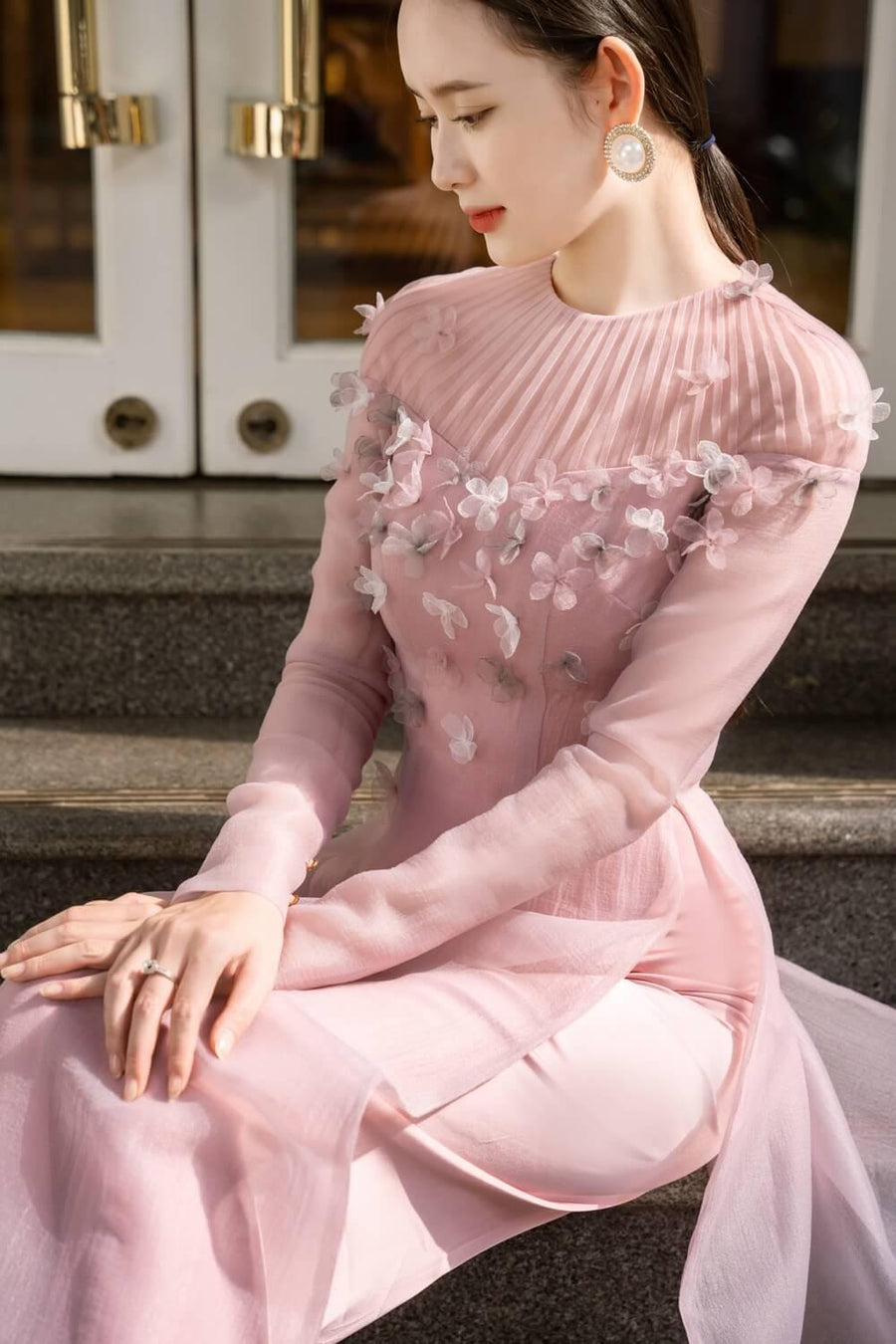 Mackenzie Fitted Flower Applique Organza Long Length Ao Dai Set 2