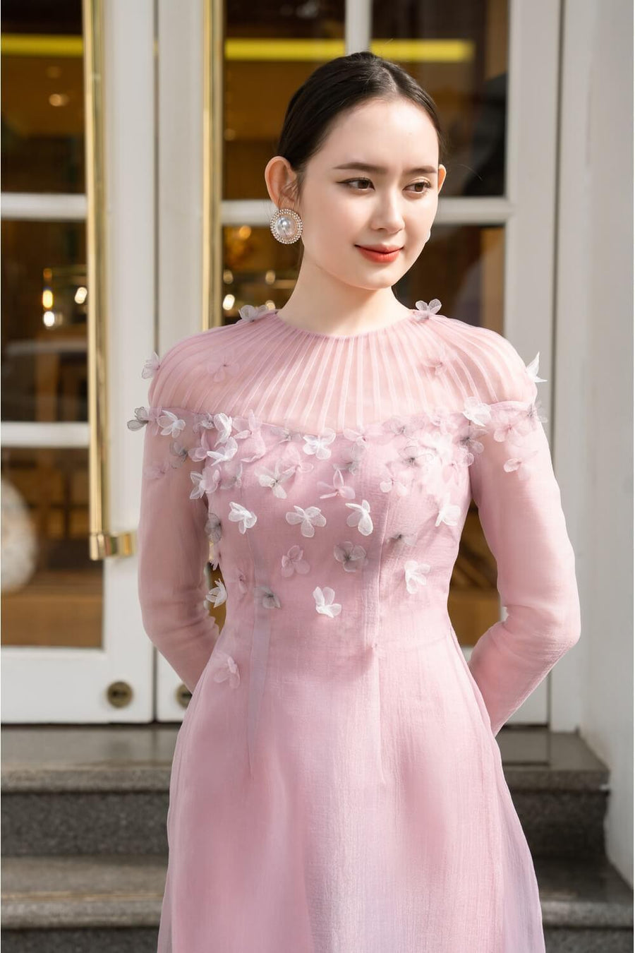 Mackenzie Fitted Flower Applique Organza Long Length Ao Dai Set 3