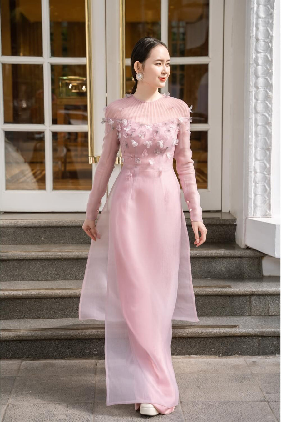 Mackenzie Fitted Flower Applique Organza Long Length Ao Dai Set 4