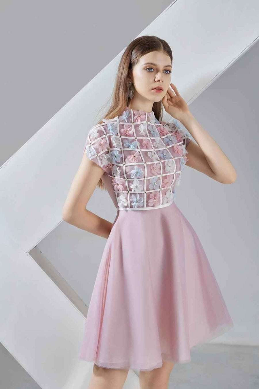 Macy A-line Short Sleeved Organza Mini Dress