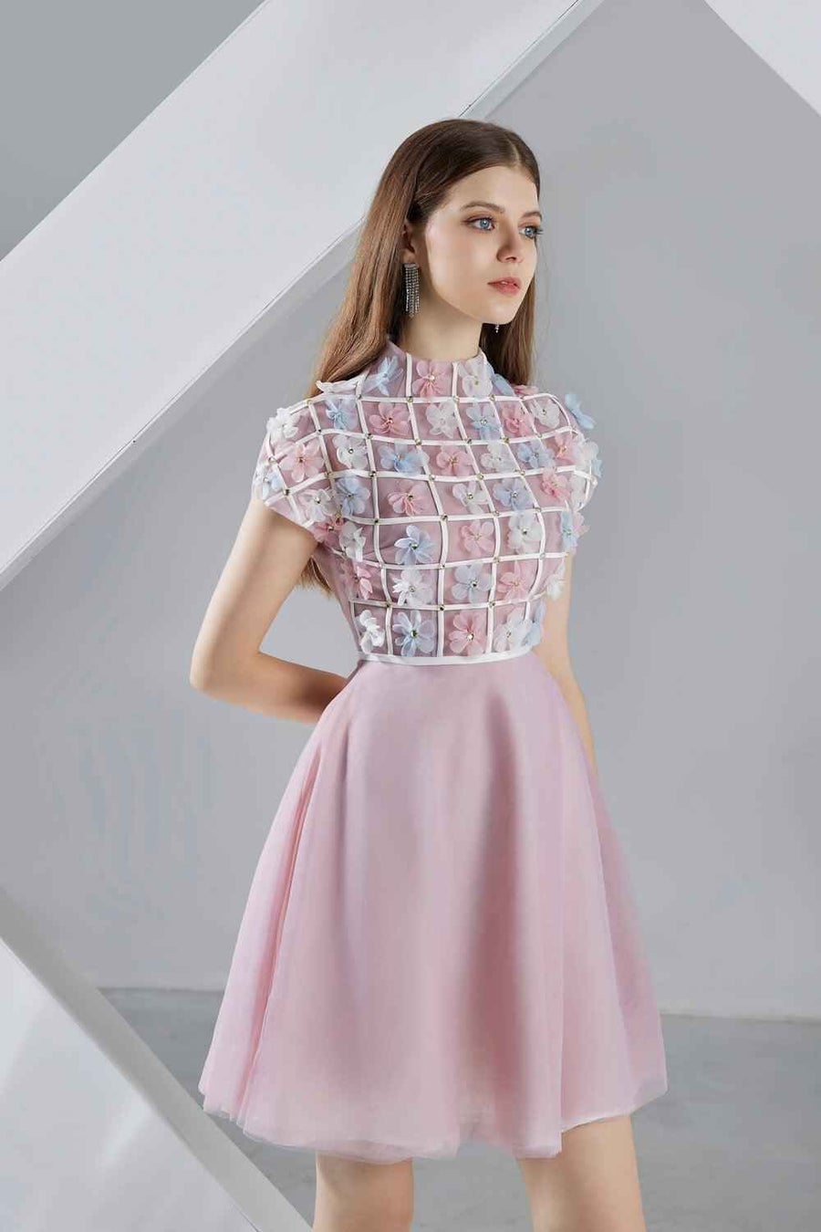 Macy A-line Short Sleeved Organza Mini Dress