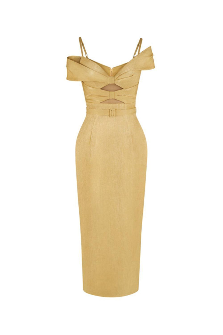 Madalena Pegged Cold Shoulder Sleeved Polyester Silk Midi Dress 1