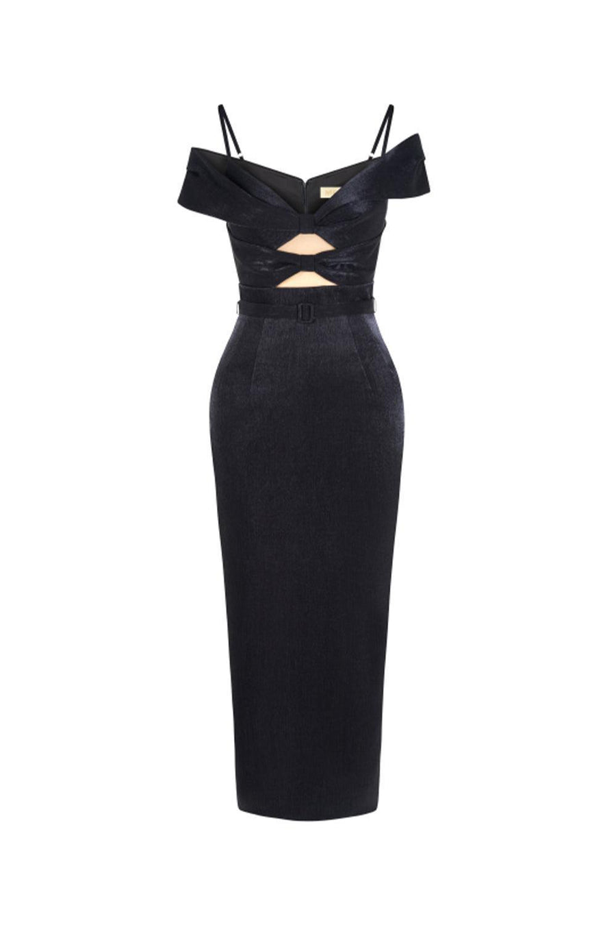 Madalena Pegged Cold Shoulder Sleeved Polyester Silk Midi Dress 14