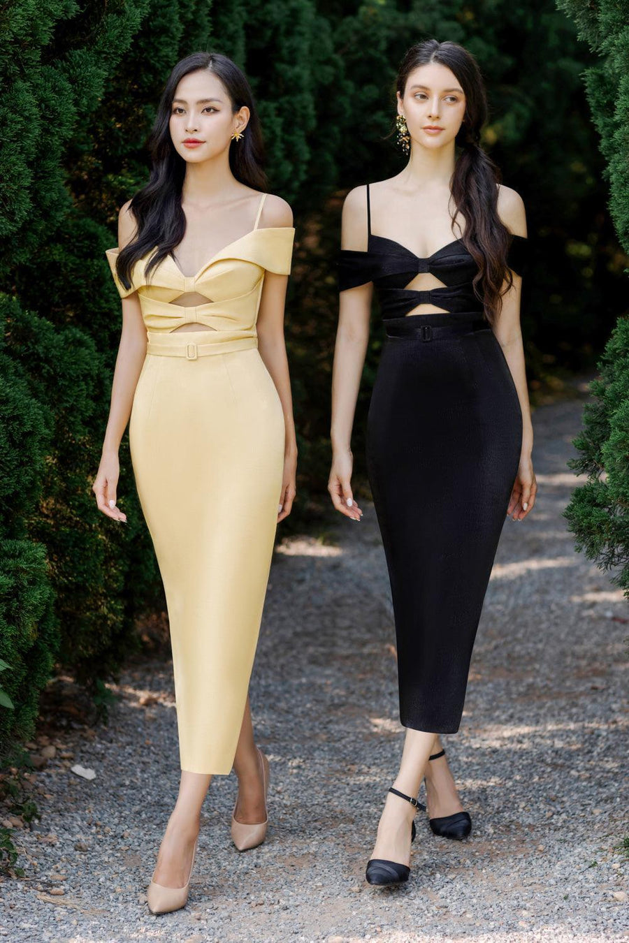 Madalena Pegged Cold Shoulder Sleeved Polyester Silk Midi Dress 18