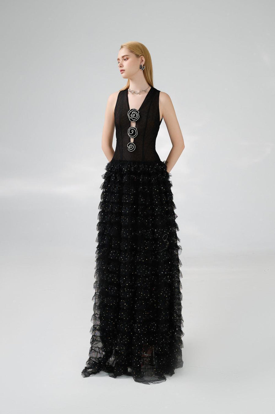 Maddox Layered Sleeveless Organza Floor Length Dress 5