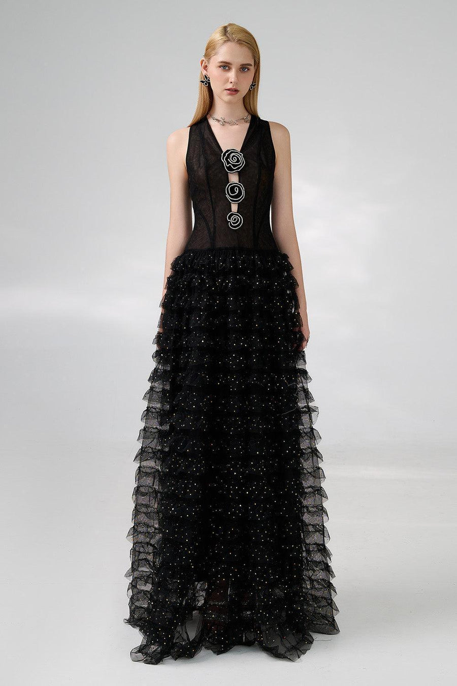 Maddox Layered Sleeveless Organza Floor Length Dress 8