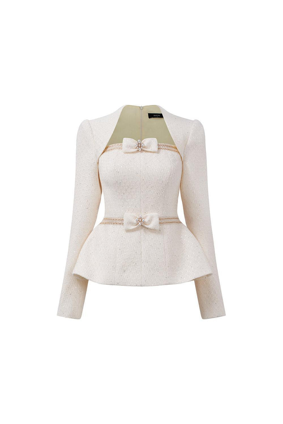 Maddy Peplum Queen Anne Neck Tweed Top Long Sleeved Top Delicate