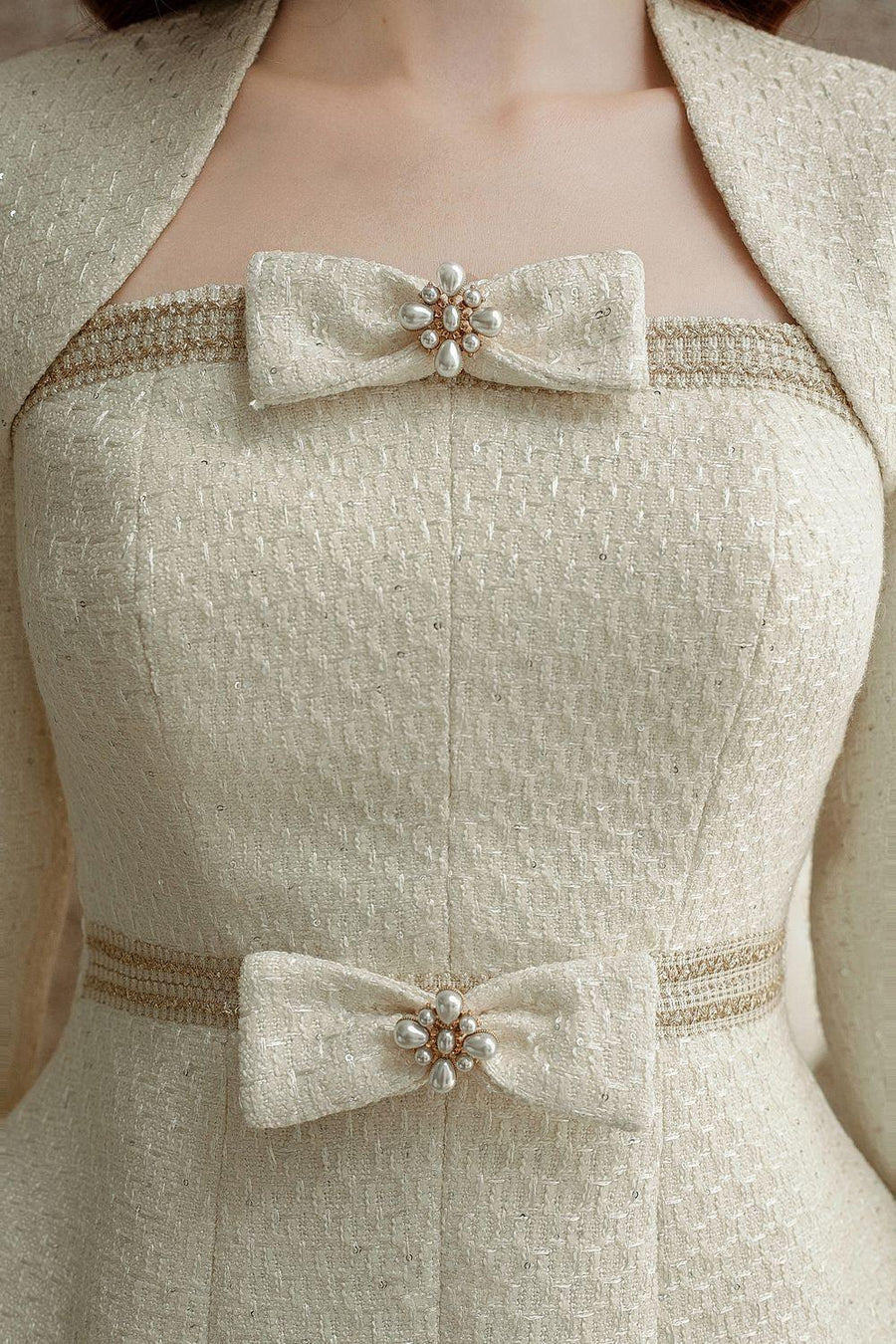 Maddy Peplum Queen Anne Neck Tweed Top Long Sleeved Top Delicate