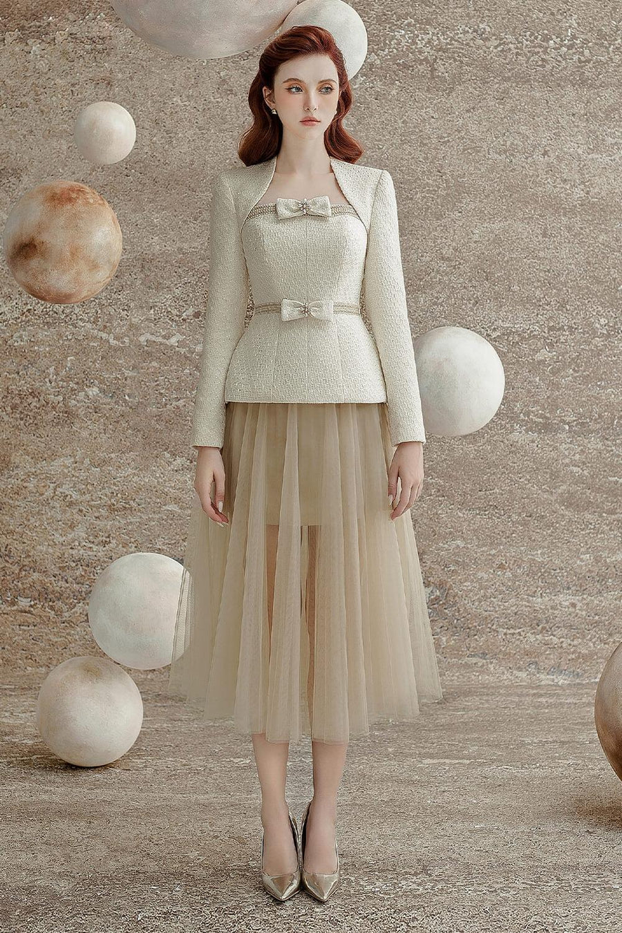 Maddy Peplum Queen Anne Neck Tweed Top Long Sleeved Top Delicate