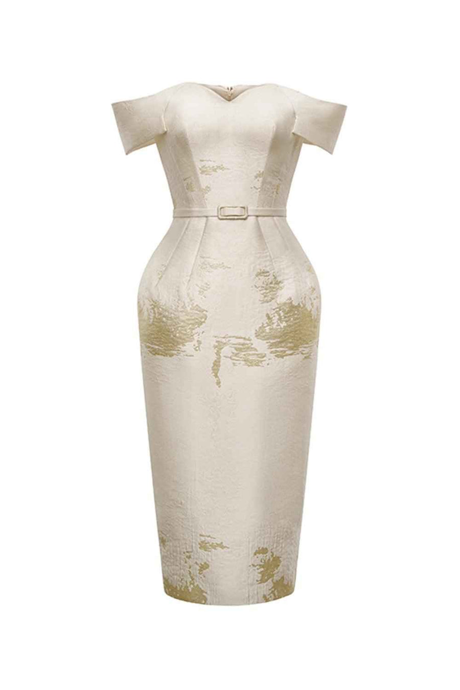 Madeleine Pegged Off-Shoulder Nacre Taffeta Midi Dress