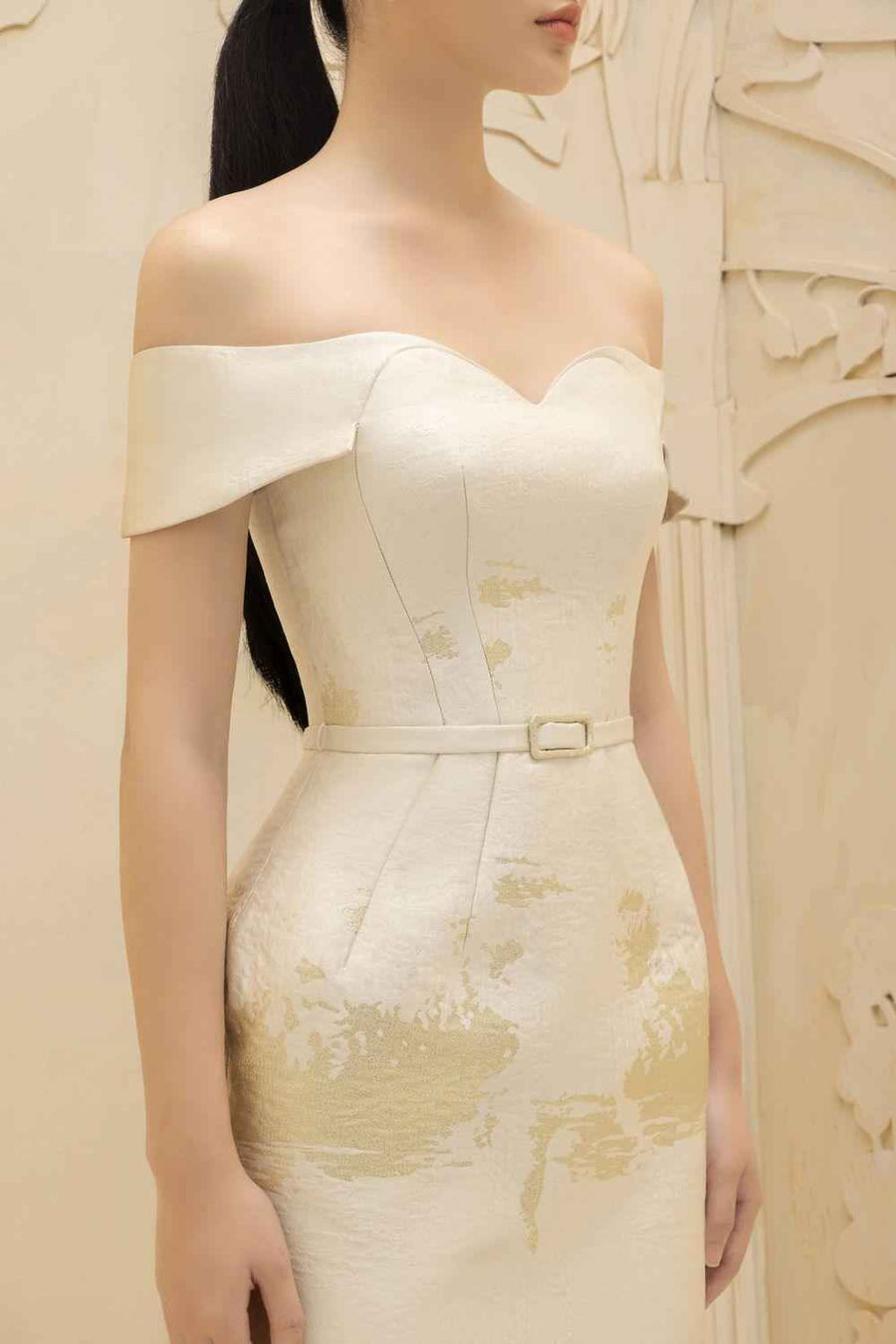 Madeleine Pegged Off-Shoulder Nacre Taffeta Midi Dress