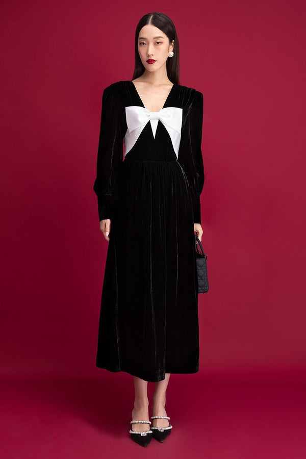 Madeline A-line Long Sleeved Velvet Midi Dress