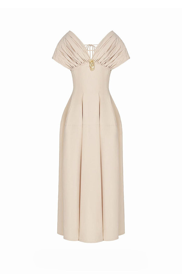 Madeline A-line Pleated Shoulder Khaki Maxi Dress