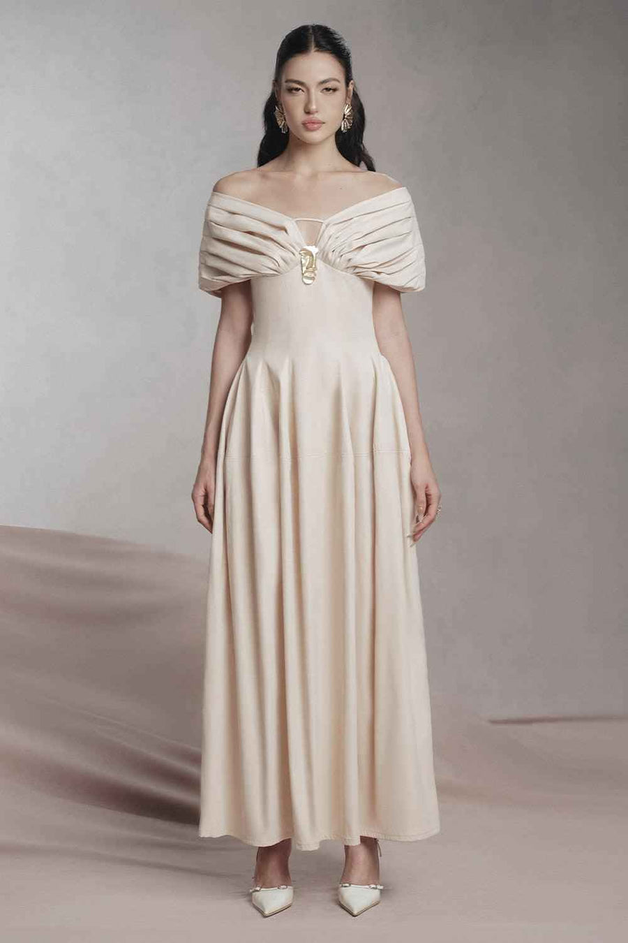 Madeline A-line Pleated Shoulder Khaki Maxi Dress Maxi Dress LaLING