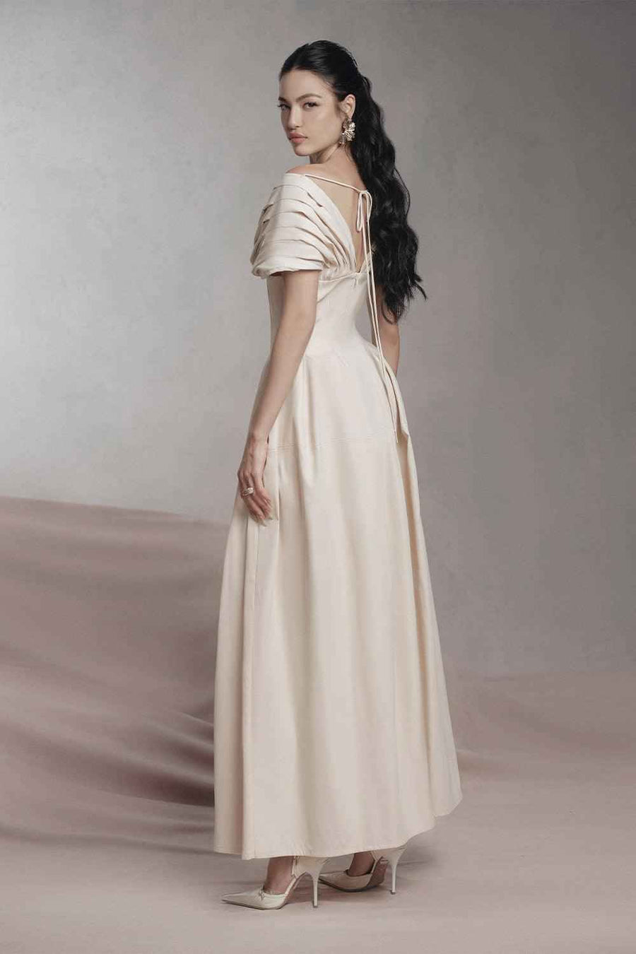 Madeline A-line Pleated Shoulder Khaki Maxi Dress Maxi Dress LaLING