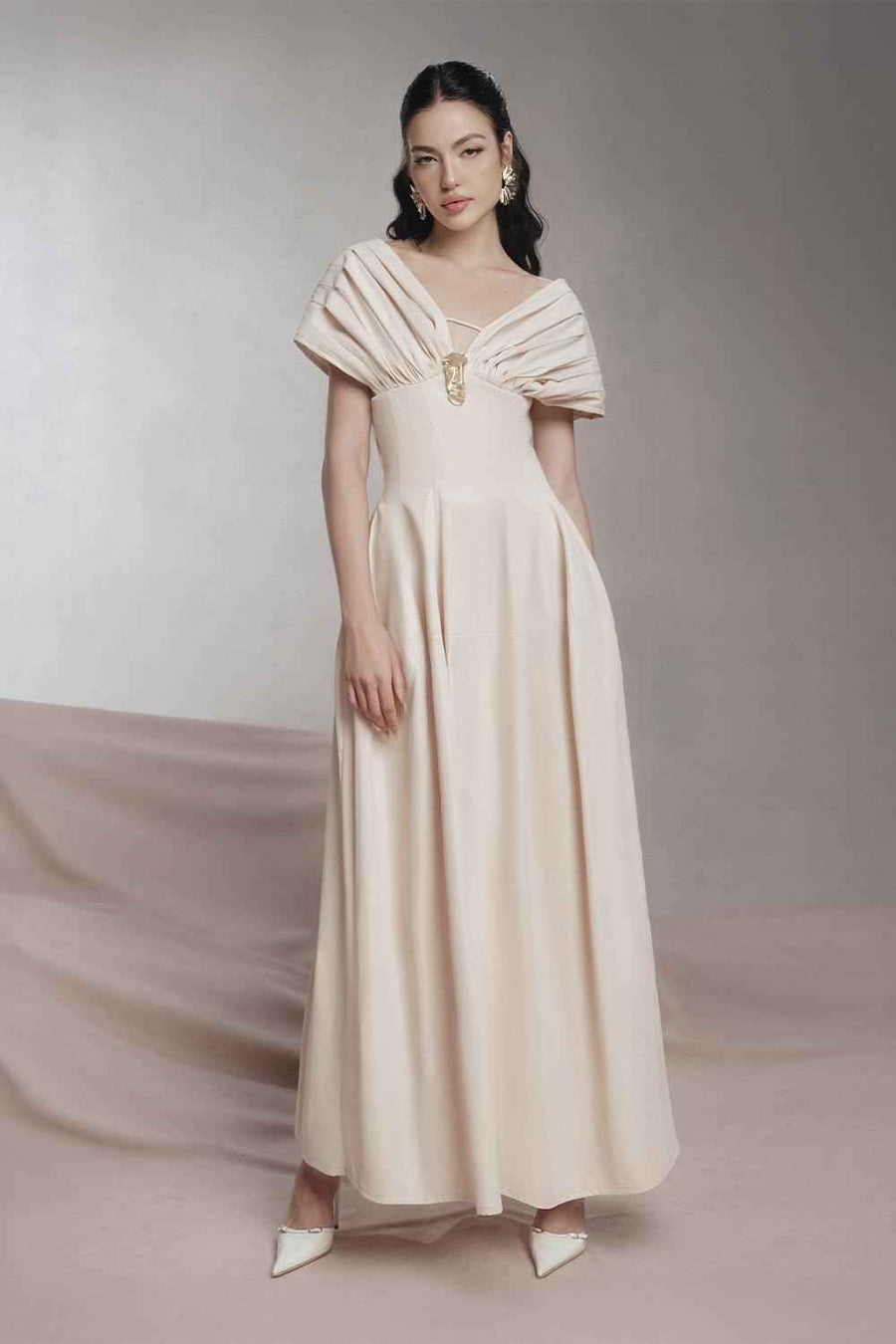Madeline A-line Pleated Shoulder Khaki Maxi Dress Beige Pearl Maxi Dress LaLING