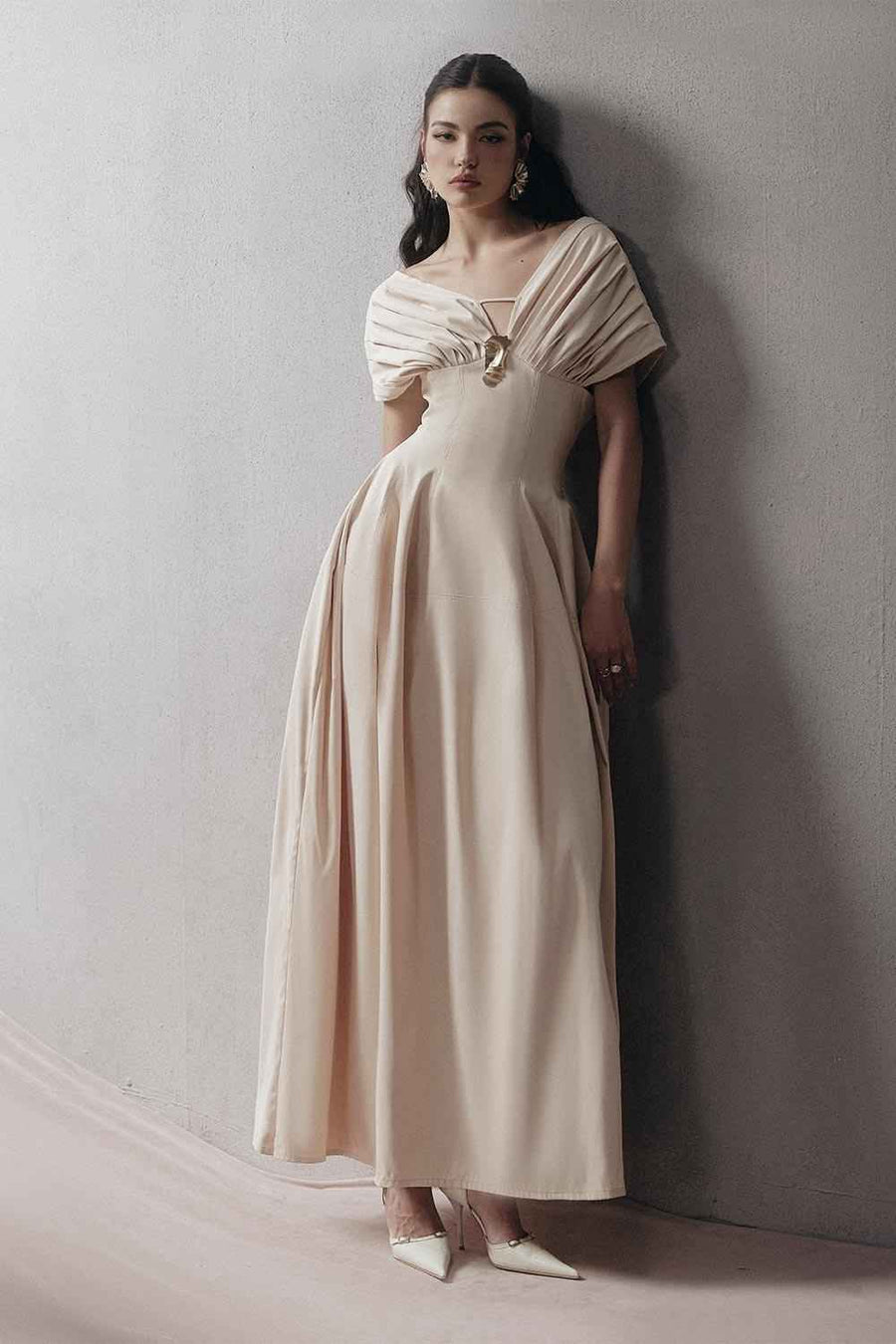 Madeline A-line Pleated Shoulder Khaki Maxi Dress Maxi Dress LaLING
