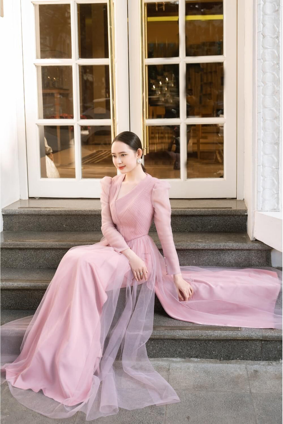 Maeve Fitted Flower Applique Mesh Sheer Long Length Ao Dai Set 2