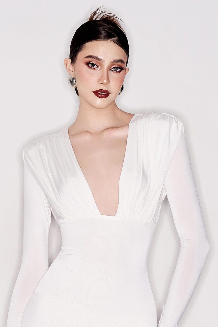 Magana Hourglass Plunge Neck Elastic Spandex Floor Length Dress Maxi Dress CEM