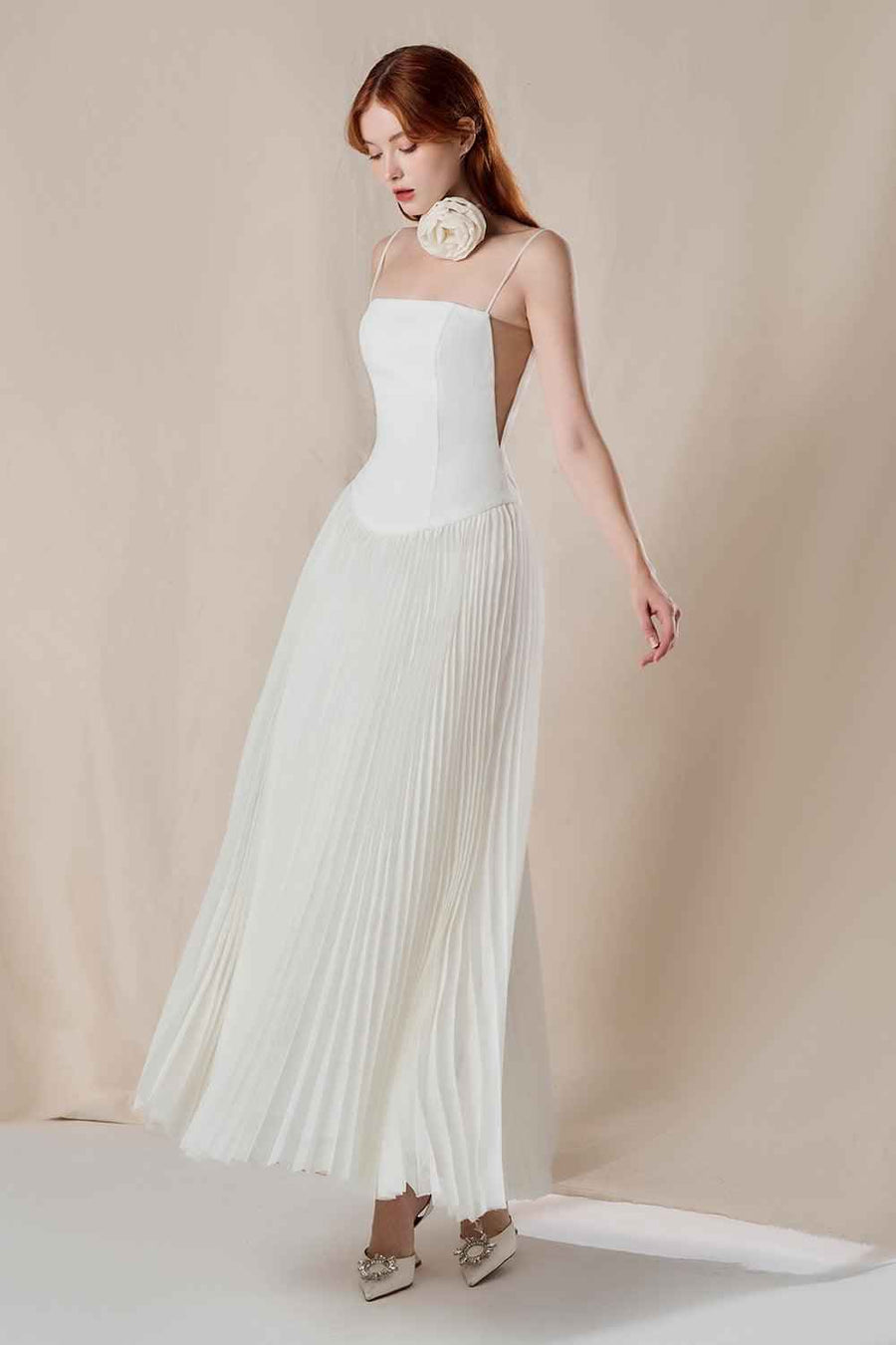 Magic Drop Waist Pleated Linen Ankle Length Dress Maxi Dress FAIR LADY