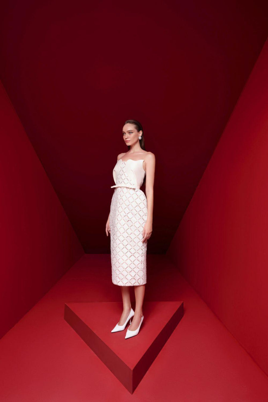 Magnolia Pegged Curved Neck Taffeta Midi Dress White Midi Dress Pesty