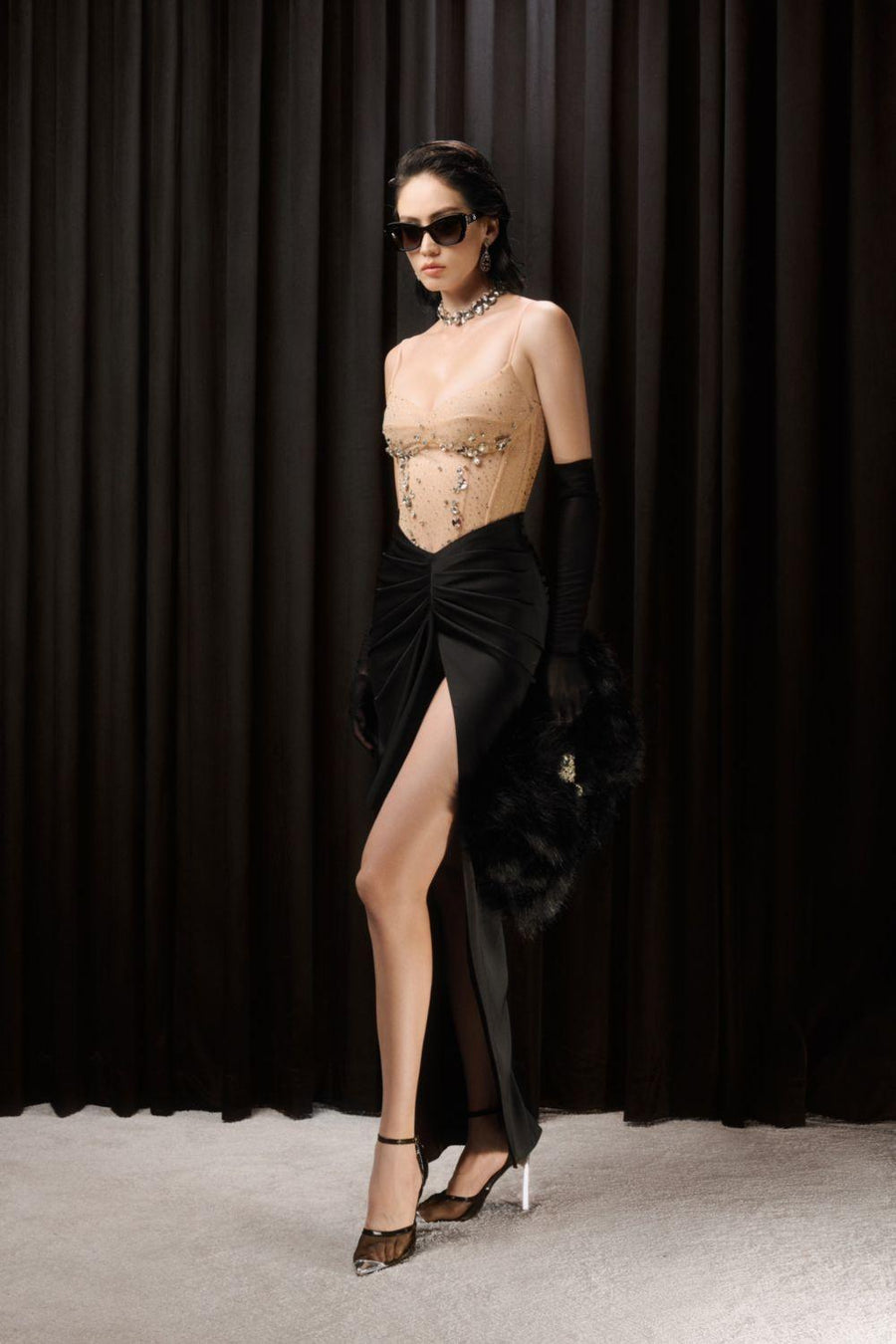 Maisie Slit Gathered Silk Ankle Length Skirt Black Skirt LASSY