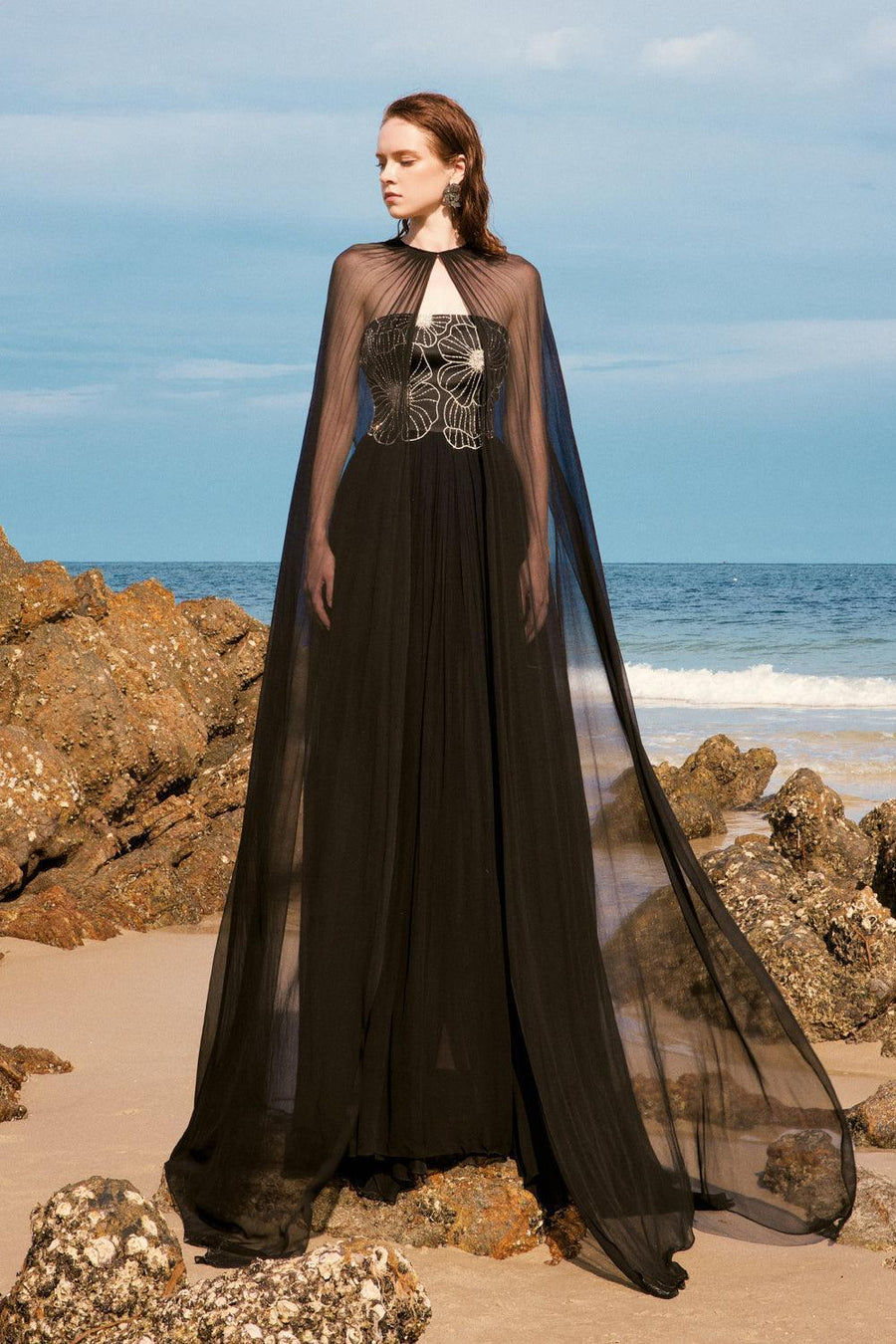 Maison Straight Pleated Neck Chiffon Floor Length Cape 6