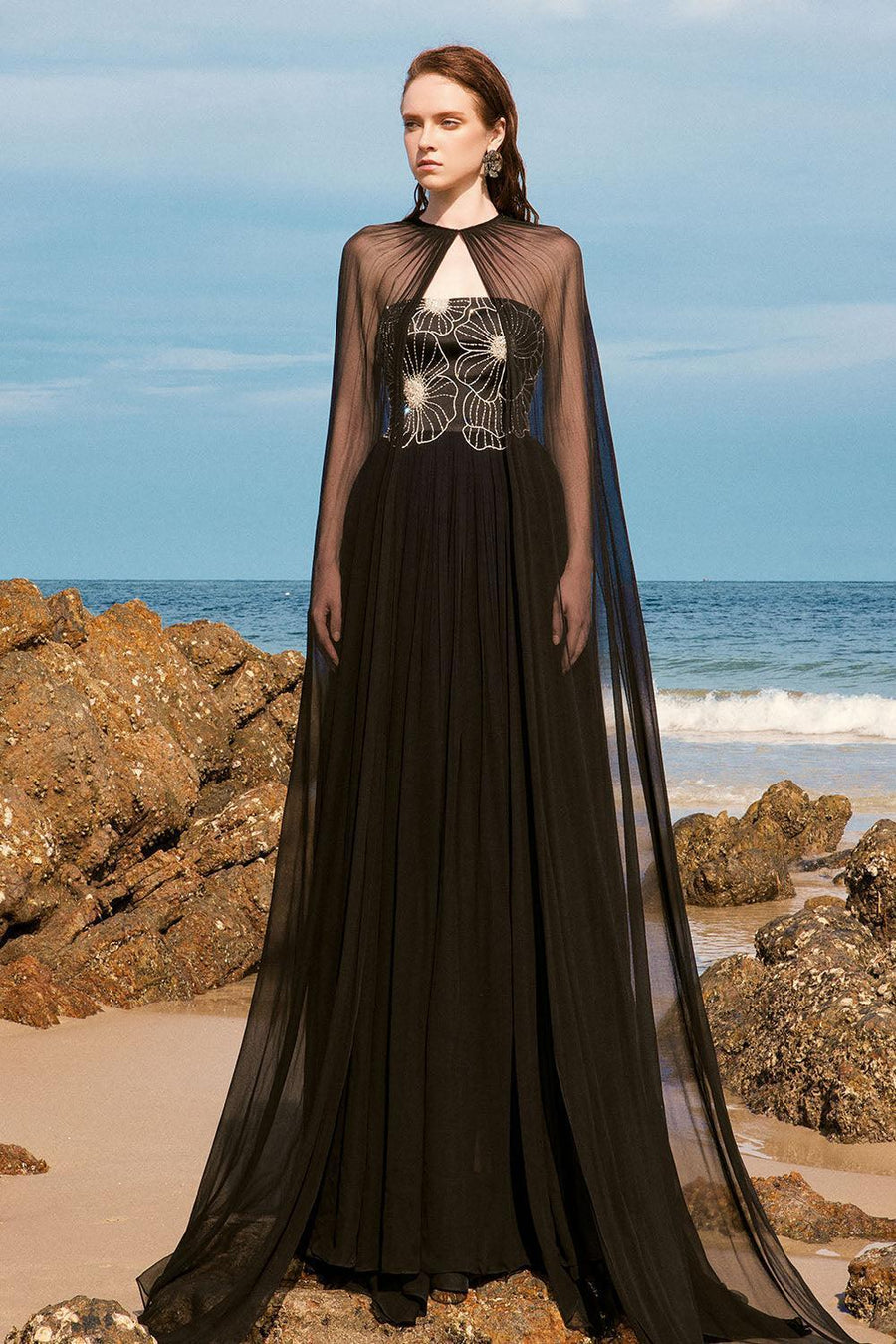 Maison Straight Pleated Neck Chiffon Floor Length Cape 7
