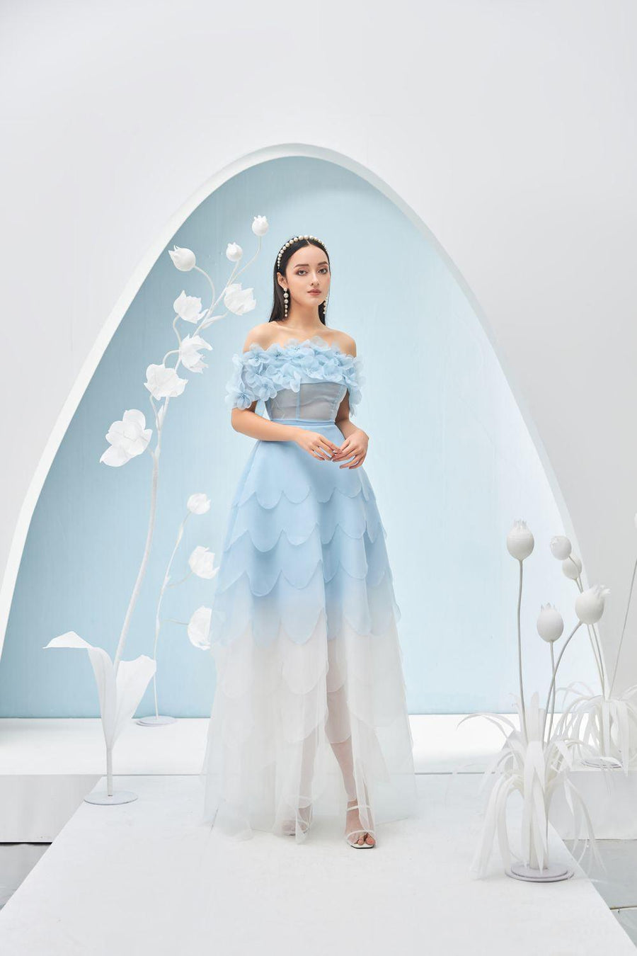 Maitreyi Fit and Flare Off-Shoulder Organza Maxi Dress 10