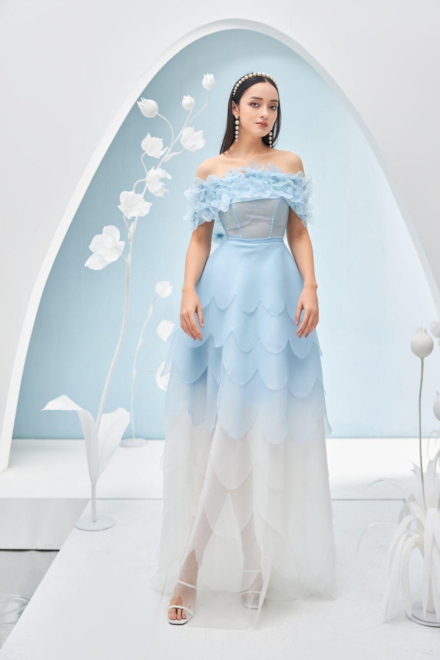Maitreyi Fit and Flare Off-Shoulder Organza Maxi Dress 6